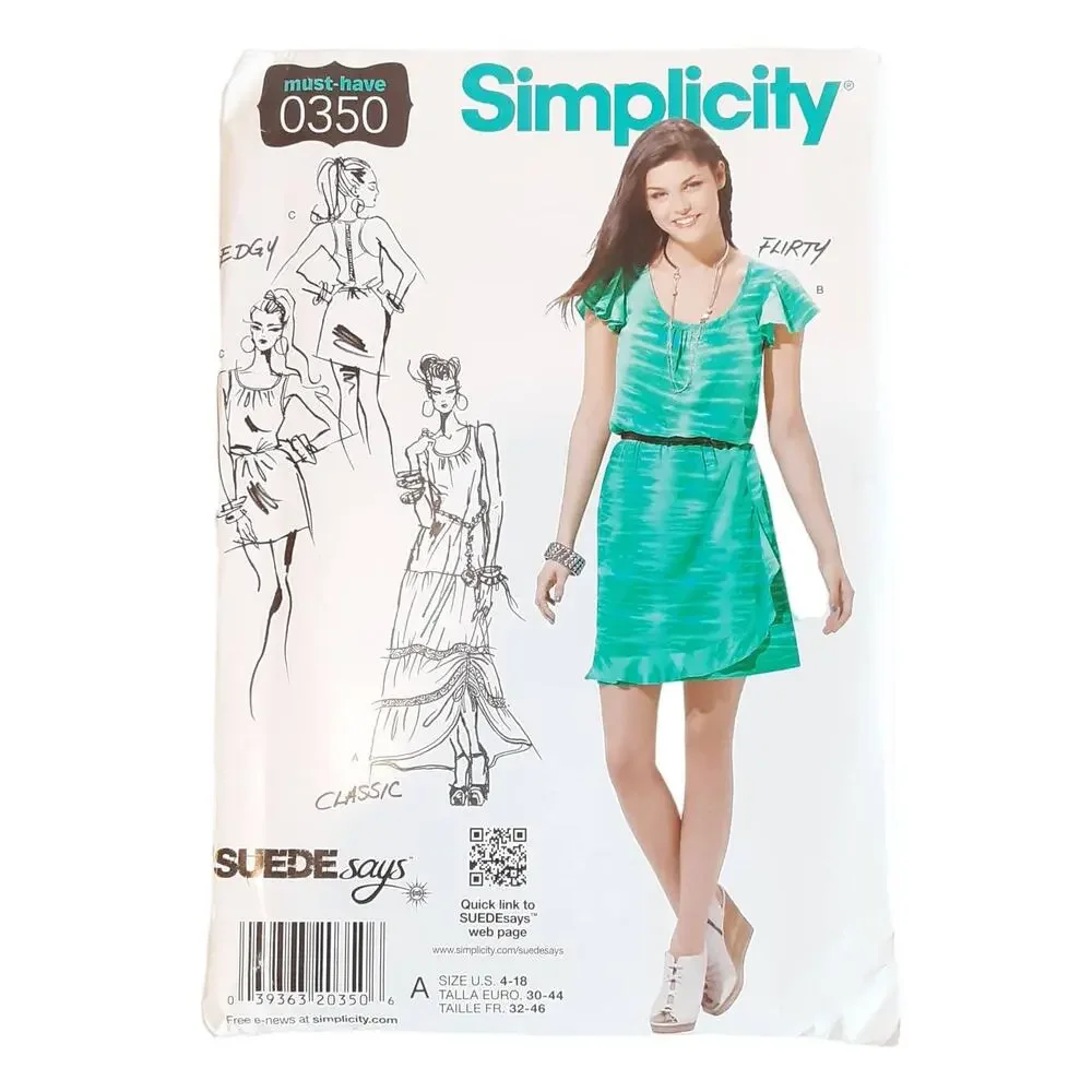 Simplicity 0350 3750 Misses Dress Top Variations Bell Sleeves Sz 16 18 20 22 24